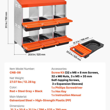 2 Tiers Chicken Nesting Boxes, 6 Compartments, Metal Egg Laying Boxes with Protective Collection Lids, Roll Out Nesting Box, Easy to Assemble, Ideal for Hens, Ducks, Chickens, and Other Poultry.
