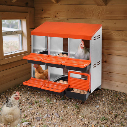2 Tiers Chicken Nesting Boxes, 6 Compartments, Metal Egg Laying Boxes with Protective Collection Lids, Roll Out Nesting Box, Easy to Assemble, Ideal for Hens, Ducks, Chickens, and Other Poultry.