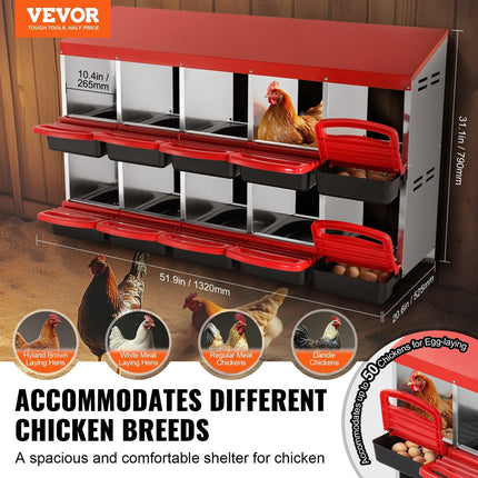 10-Compartment Chicken Nest Box Mental Box with Inclined Nesting Boxes.
