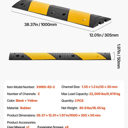 1000MM Rubber Speed Bump, 2 Pack, 2 Channel Heavy Duty Traffic Speed Hump, 9,979 kg/Axle Load Capacity, Cable Protector Ramp with Expansion Screws, for Asphalt Concrete Gravel Driveway and Road.