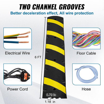 6 ft Rubber Speed Hump, 2 Channel, 10000 kg/axle Load Capacity Heavy Duty Traffic Speed Bump, with High Reflective Yellow Strip 4 Expansion Screws and 1 Drill, for Asphalt Concrete Gravel Roads.