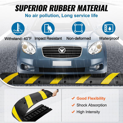 6 ft Rubber Speed Hump, 2 Channel, 10000 kg/axle Load Capacity Heavy Duty Traffic Speed Bump, with High Reflective Yellow Strip 4 Expansion Screws and 1 Drill, for Asphalt Concrete Gravel Roads.
