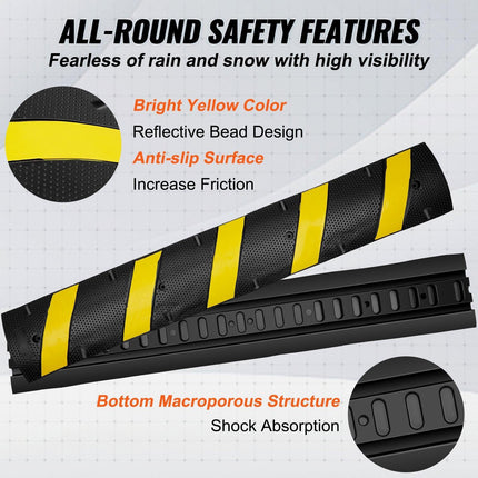 6 ft Rubber Speed Hump, 2 Channel, 10000 kg/axle Load Capacity Heavy Duty Traffic Speed Bump, with High Reflective Yellow Strip 4 Expansion Screws and 1 Drill, for Asphalt Concrete Gravel Roads.