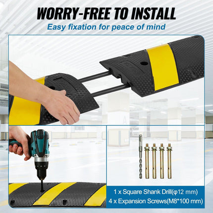 6 ft Rubber Speed Hump, 2 Channel, 10000 kg/axle Load Capacity Heavy Duty Traffic Speed Bump, with High Reflective Yellow Strip 4 Expansion Screws and 1 Drill, for Asphalt Concrete Gravel Roads.
