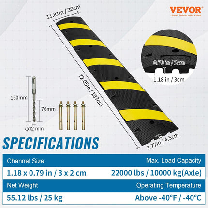 6 ft Rubber Speed Hump, 2 Channel, 10000 kg/axle Load Capacity Heavy Duty Traffic Speed Bump, with High Reflective Yellow Strip 4 Expansion Screws and 1 Drill, for Asphalt Concrete Gravel Roads.