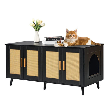 Cat Litter Box Enclosure Wooden Litter Box Furniture Hidden 2 Rooms Black.
