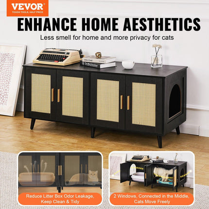 Cat Litter Box Enclosure Wooden Litter Box Furniture Hidden 2 Rooms Black.