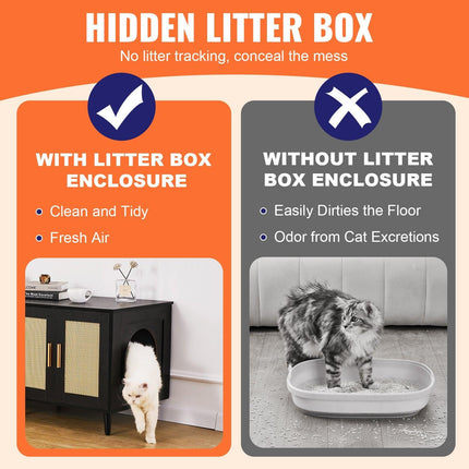 Cat Litter Box Enclosure Wooden Litter Box Furniture Hidden 2 Rooms Black.