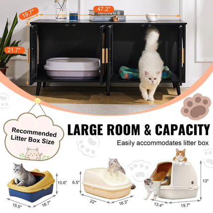 Cat Litter Box Enclosure Wooden Litter Box Furniture Hidden 2 Rooms Black.