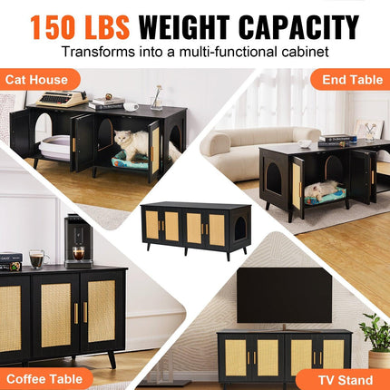 Cat Litter Box Enclosure Wooden Litter Box Furniture Hidden 2 Rooms Black.