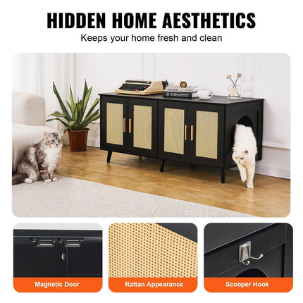 Cat Litter Box Enclosure Wooden Litter Box Furniture Hidden 2 Rooms Black.