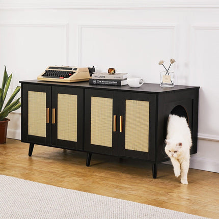 Cat Litter Box Enclosure Wooden Litter Box Furniture Hidden 2 Rooms Black.