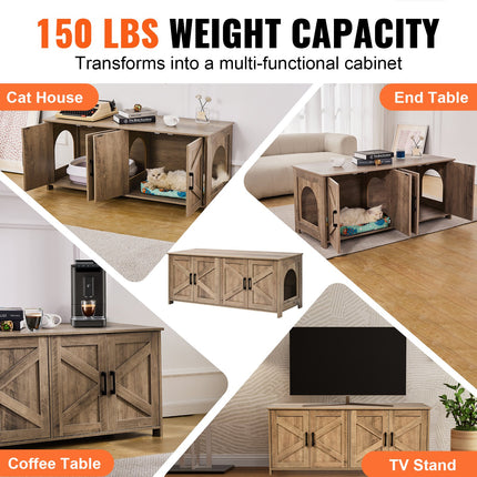 Cat Litter Box Enclosure Wooden Litter Box Furniture Hidden 2 Rooms Greige.