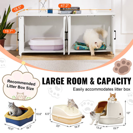 Cat Litter Box Enclosure Wooden Litter Box Furniture Hidden 2 Rooms White.