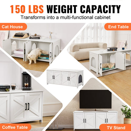 Cat Litter Box Enclosure Wooden Litter Box Furniture Hidden 2 Rooms White.