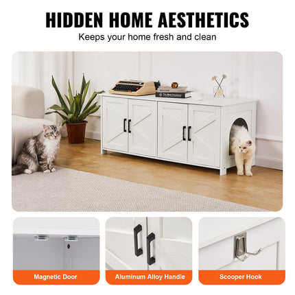 Cat Litter Box Enclosure Wooden Litter Box Furniture Hidden 2 Rooms White.