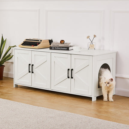 Cat Litter Box Enclosure Wooden Litter Box Furniture Hidden 2 Rooms White.