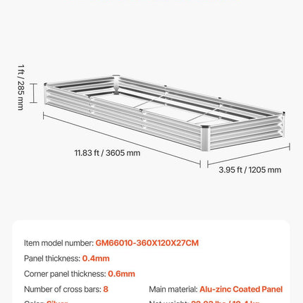 Metal Raised Garden Bed, 12 x 4 x 1 ft Outdoor Galvanized Planter Box, with Open Bottom, Large Planter Raised Bed for Gardening Vegetables, Flowers, Herbs, and Succulent Plants, Silver.