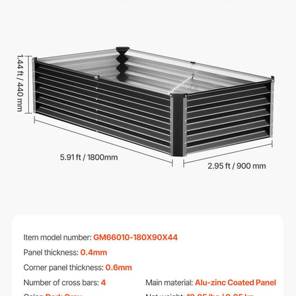 Metal Raised Garden Bed, 6 x 3 x 1.5 ft Outdoor Galvanized Planter Box, with Open Bottom, Large Planter Raised Bed for Gardening Vegetables, Flowers, Herbs, and Succulent Plants, Dark Gray.