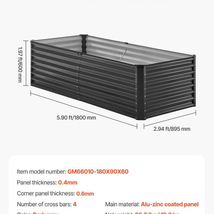 Metal Raised Garden Bed, 6 x 3 x 2 ft Outdoor Galvanized Planter Box, with Open Bottom, Large Planter Raised Bed for Gardening Vegetables, Flowers, Herbs, and Succulent Plants, Dark Gray.