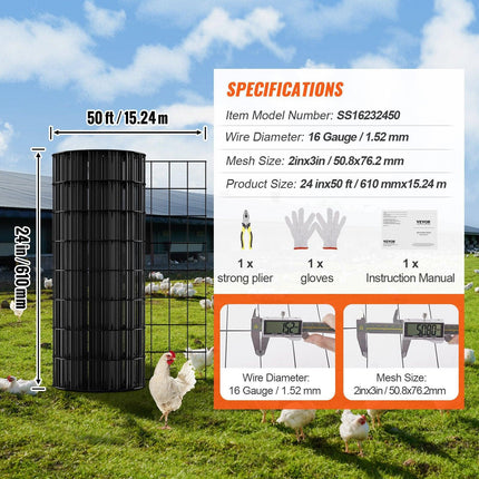 Hardware Cloth, 24'' x 50' Galvanized Wire Mesh Roll, 16 Gauge Chicken Wire Fence Roll, Vinyl Coating Metal Wire Mesh for Chicken Coop Barrier, Rabbit Snake Fences, Poultry Enclosures.