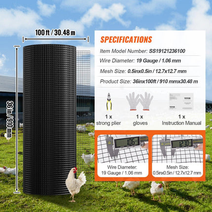 Hardware Cloth, 36'' x 100' Galvanized Wire Mesh Roll, 19 Gauge Chicken Wire Fence Roll, Vinyl Coating Metal Wire Mesh for Chicken Coop Barrier, Rabbit Snake Fences, Poultry Enclosures.