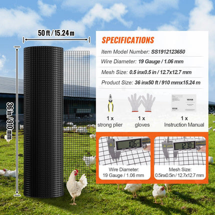 Hardware Cloth, 36'' x 50' Galvanized Wire Mesh Roll, 19 Gauge Chicken Wire Fence Roll, Vinyl Coating Metal Wire Mesh for Chicken Coop Barrier, Rabbit Snake Fences, Poultry Enclosures.
