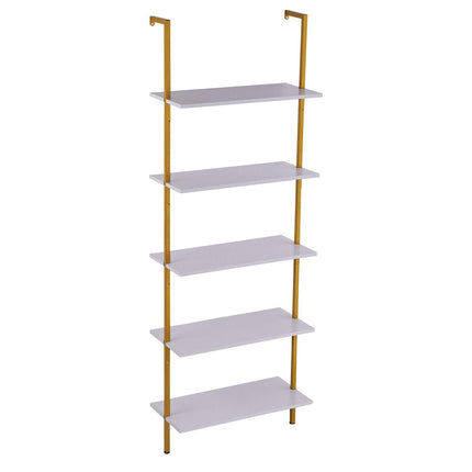 Industrial Square Pipe Shelf 5 Tier 64x30x182.5cm Wall-Mount Gold White.