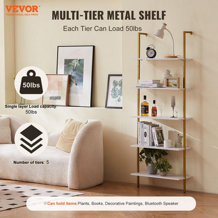 Industrial Square Pipe Shelf 5 Tier 64x30x182.5cm Wall-Mount Gold White.