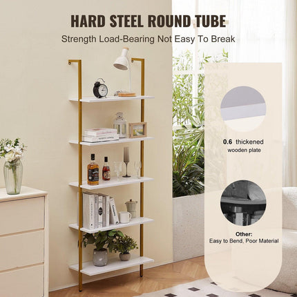 Industrial Square Pipe Shelf 5 Tier 64x30x182.5cm Wall-Mount Gold White.