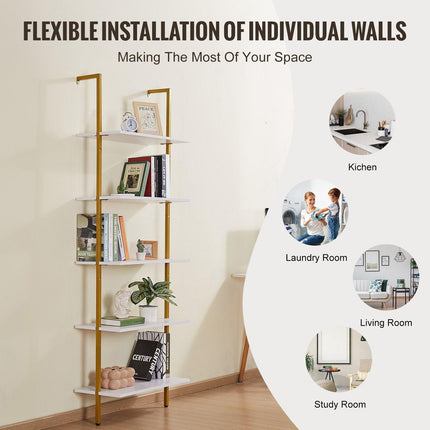 Industrial Square Pipe Shelf 5 Tier 64x30x182.5cm Wall-Mount Gold White.