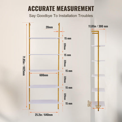 Industrial Square Pipe Shelf 5 Tier 64x30x182.5cm Wall-Mount Gold White.