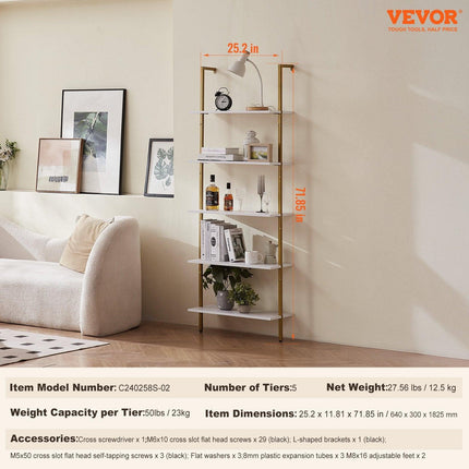 Industrial Square Pipe Shelf 5 Tier 64x30x182.5cm Wall-Mount Gold White.