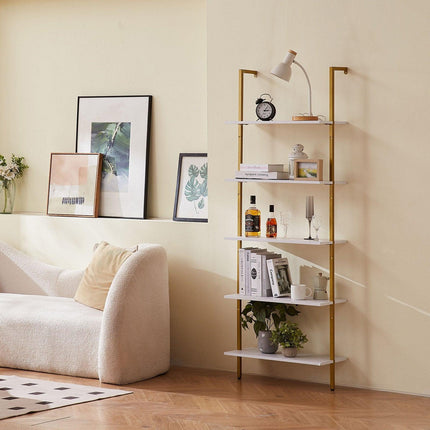 Industrial Square Pipe Shelf 5 Tier 64x30x182.5cm Wall-Mount Gold White.