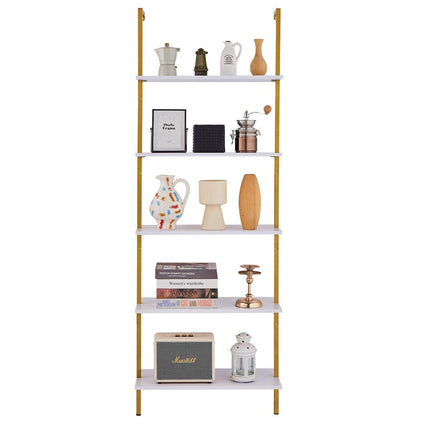 Industrial Square Pipe Shelf 5 Tier 64x30x182.5cm Wall-Mount Gold White.