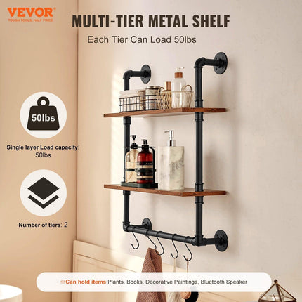 Industrial Pipe Shelf 2 Tier 24x7.87in Wall-Mount for Kitchen Bedroom.