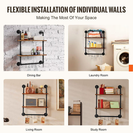Industrial Pipe Shelf 2 Tier 24x7.87in Wall-Mount for Kitchen Bedroom.