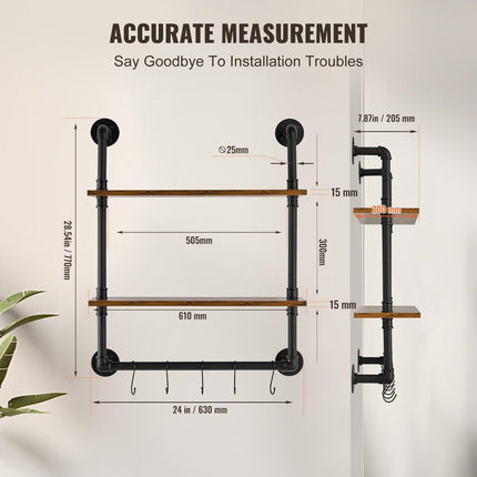 Industrial Pipe Shelf 2 Tier 24x7.87in Wall-Mount for Kitchen Bedroom.
