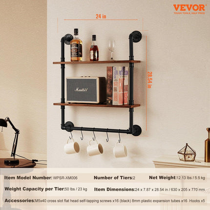 Industrial Pipe Shelf 2 Tier 24x7.87in Wall-Mount for Kitchen Bedroom.