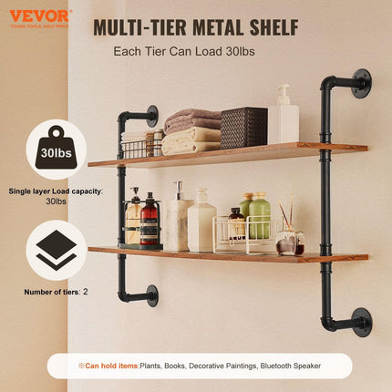 Industrial Pipe Shelf 2 Tier 48x 9.84in Wall-Mount for Kitchen Bedroom.