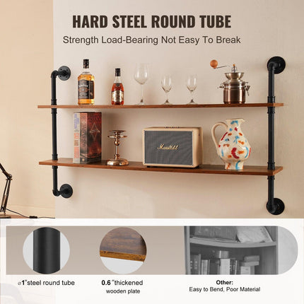 Industrial Pipe Shelf 2 Tier 48x 9.84in Wall-Mount for Kitchen Bedroom.