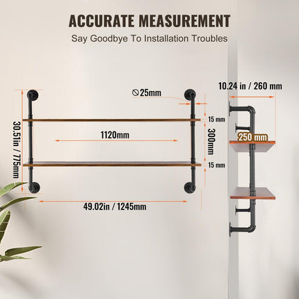 Industrial Pipe Shelf 2 Tier 48x 9.84in Wall-Mount for Kitchen Bedroom.