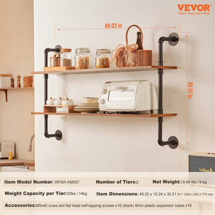 Industrial Pipe Shelf 2 Tier 48x 9.84in Wall-Mount for Kitchen Bedroom.
