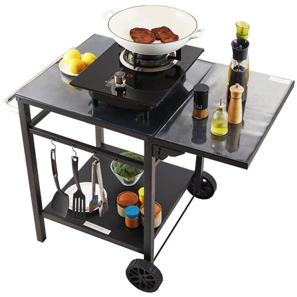Outdoor Grill Dining Cart with Double-Shelf, 55*55cm BBQ Movable Food Prep Table, Multifunctional Foldable Iron Table Top, Portable Modular Carts for Pizza Oven, Worktable with 2 Wheels, Carry Handle.