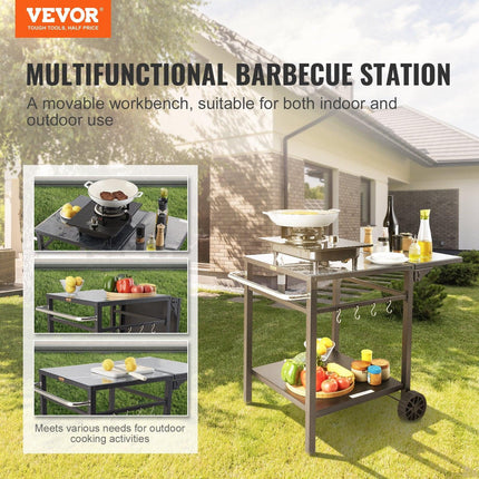 Outdoor Grill Dining Cart with Double-Shelf, 55*55cm BBQ Movable Food Prep Table, Multifunctional Foldable Iron Table Top, Portable Modular Carts for Pizza Oven, Worktable with 2 Wheels, Carry Handle.