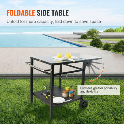 Outdoor Grill Dining Cart with Double-Shelf, 55*55cm BBQ Movable Food Prep Table, Multifunctional Foldable Iron Table Top, Portable Modular Carts for Pizza Oven, Worktable with 2 Wheels, Carry Handle.
