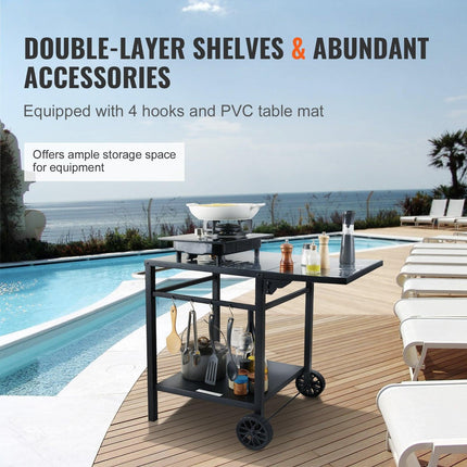 Outdoor Grill Dining Cart with Double-Shelf, 55*55cm BBQ Movable Food Prep Table, Multifunctional Foldable Iron Table Top, Portable Modular Carts for Pizza Oven, Worktable with 2 Wheels, Carry Handle.