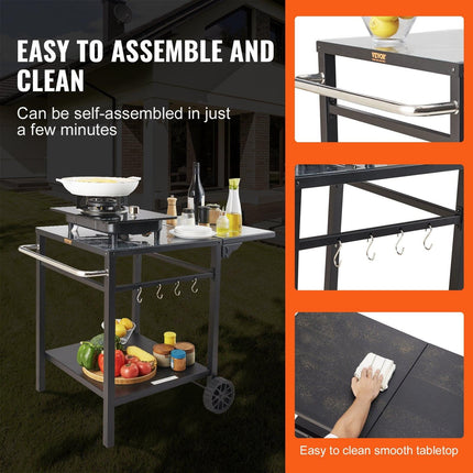 Outdoor Grill Dining Cart with Double-Shelf, 55*55cm BBQ Movable Food Prep Table, Multifunctional Foldable Iron Table Top, Portable Modular Carts for Pizza Oven, Worktable with 2 Wheels, Carry Handle.