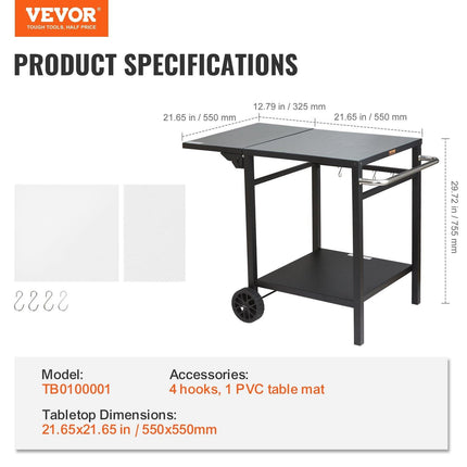 Outdoor Grill Dining Cart with Double-Shelf, 55*55cm BBQ Movable Food Prep Table, Multifunctional Foldable Iron Table Top, Portable Modular Carts for Pizza Oven, Worktable with 2 Wheels, Carry Handle.