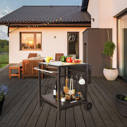 Outdoor Grill Dining Cart with Double-Shelf, 55*55cm BBQ Movable Food Prep Table, Multifunctional Foldable Iron Table Top, Portable Modular Carts for Pizza Oven, Worktable with 2 Wheels, Carry Handle.